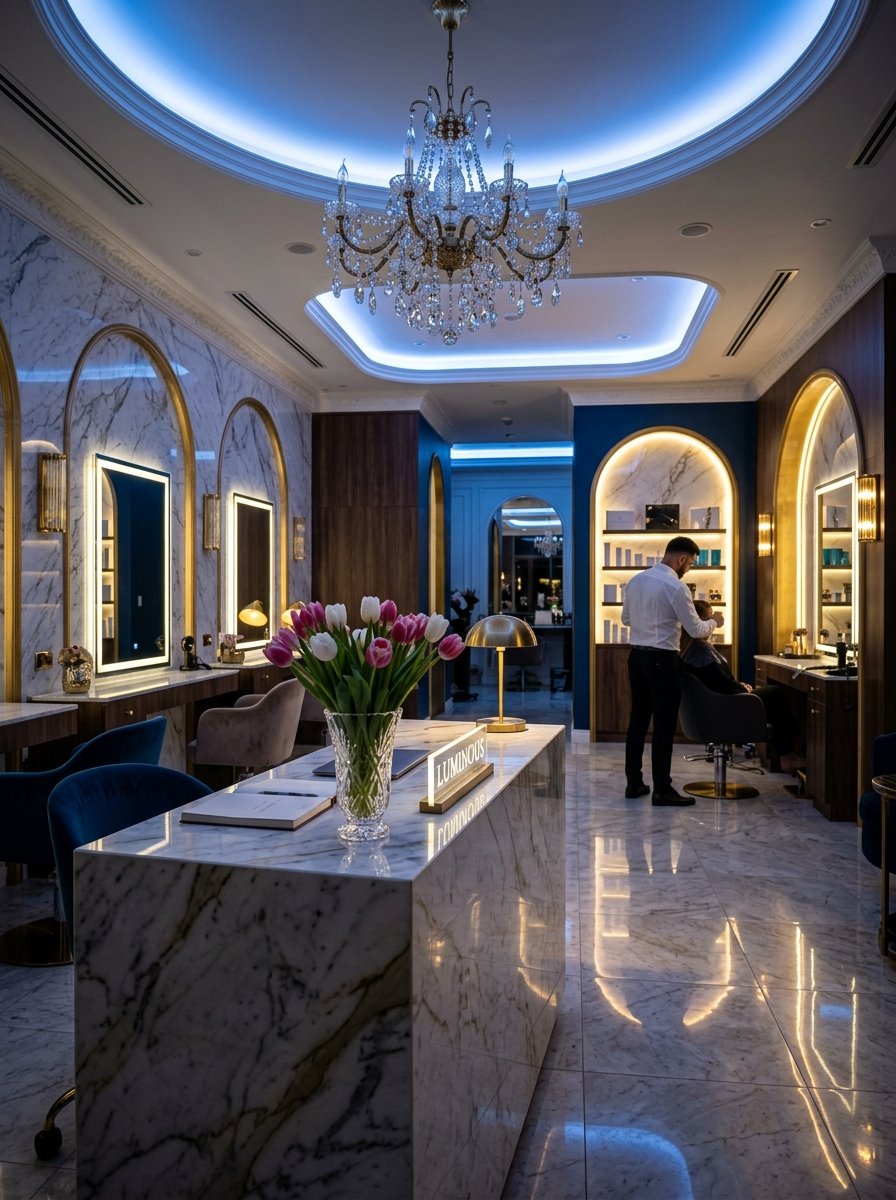 Salon reception and styling area at The Mirror by Embellish