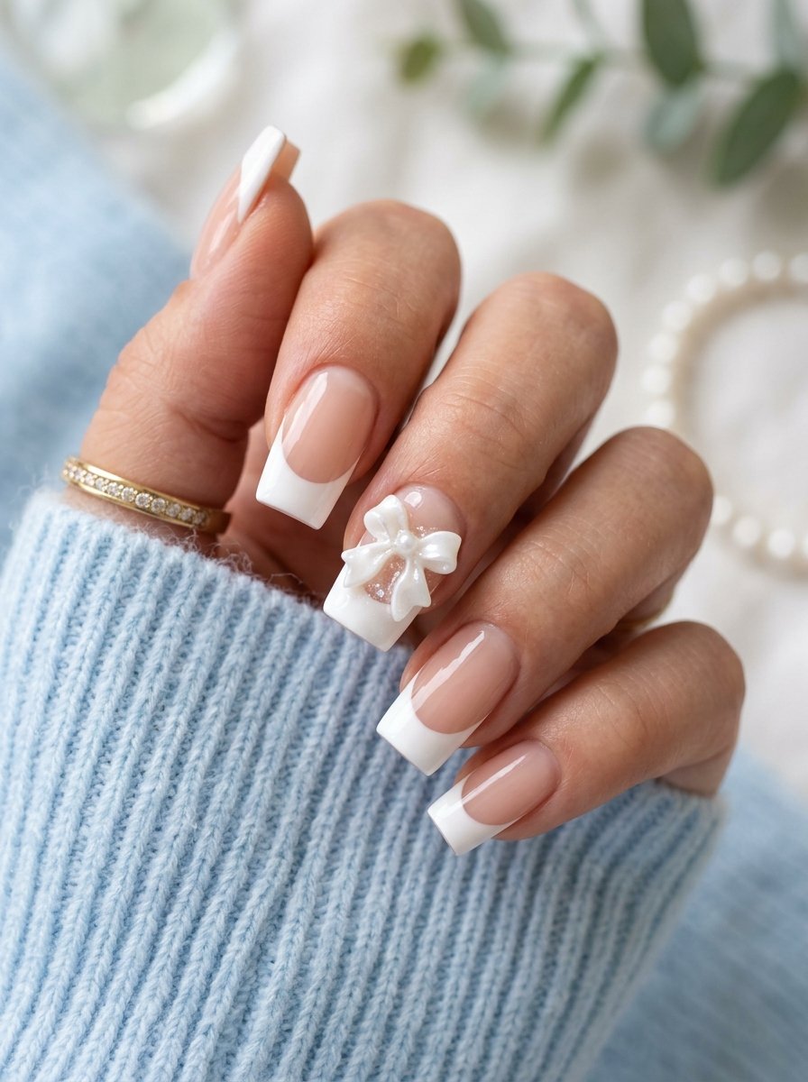 French tip bow nail art at The Mirror by Embellish